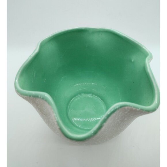 Vintage CC Original USA MCM Art Pottery Splatter Planter Vase Teal Ruffle 4.25" - Picture 2 of 5